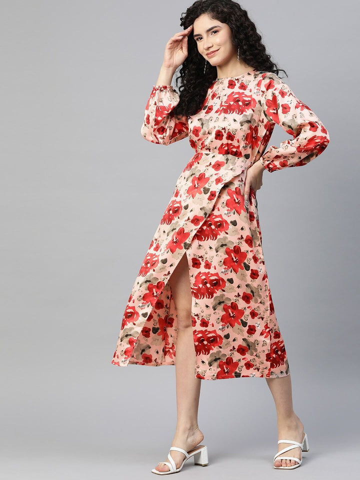 plusS Floral Print Puff Sleeve A-Line Midi Dress