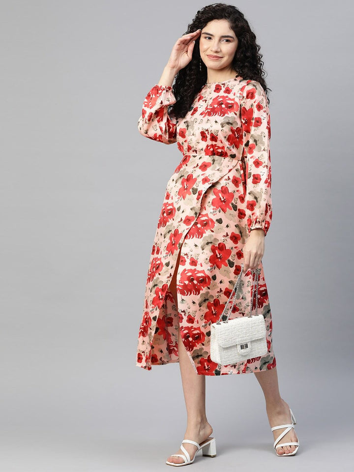 plusS Floral Print Puff Sleeve A-Line Midi Dress