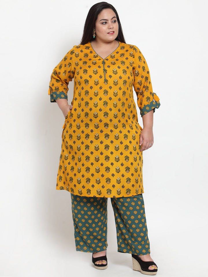 Women Yellow & Green Printed Kurta with Palazzos & Dupatta