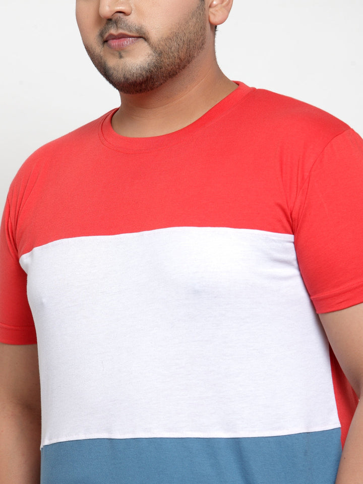 plusS Plus Size Men Pink  White Colourblocked Cotton T-shirt