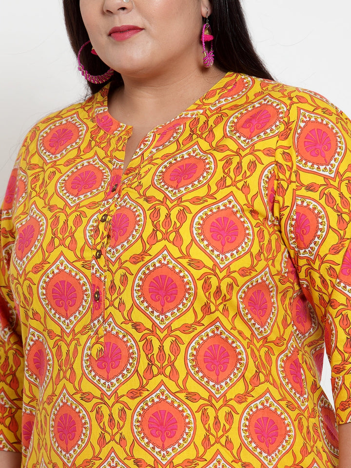 plusS Women Yellow  Pink Printed Straight Kurta