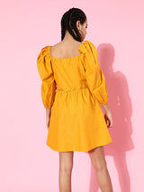 plusS Women Mustard Yellow Solid Cotton Power Shoulder A-Line Dress