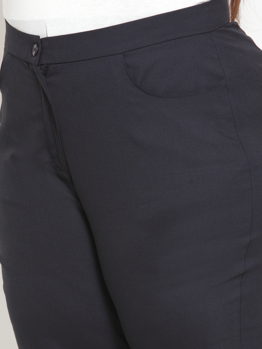 plusS Women Navy Blue Regular Fit Solid Regular Trousers