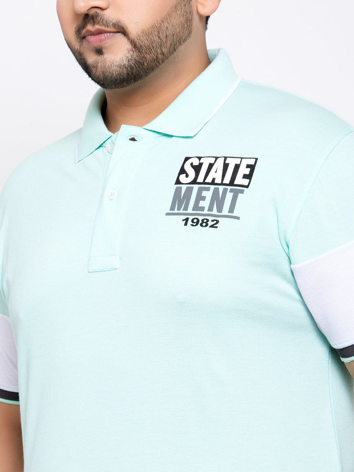 Men Sea Green White Printed Polo Collar Cotton Pure Cotton T-shirt