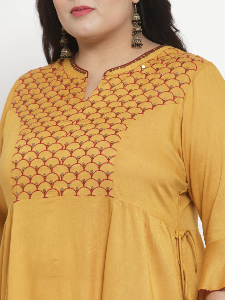 plusS Women Mustard Yellow  Red Yoke Design A-Line Kurta