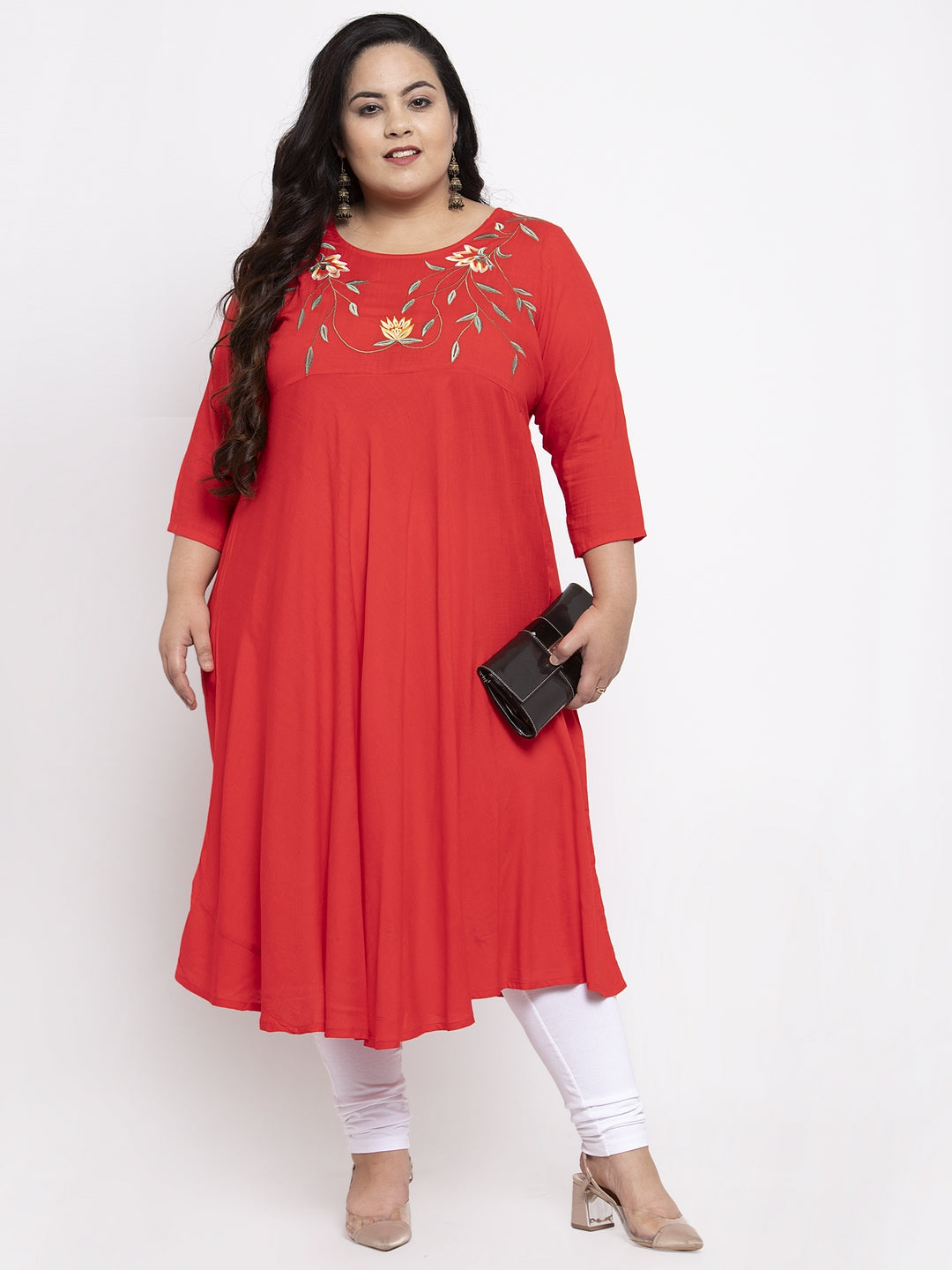 plusS Women Red Embroidered A-Line Kurta