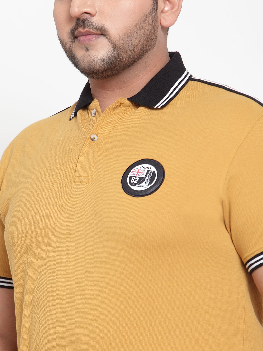 plusS Men Mustard Yellow  Black Solid Polo Collar Pure Cotton T-shirt