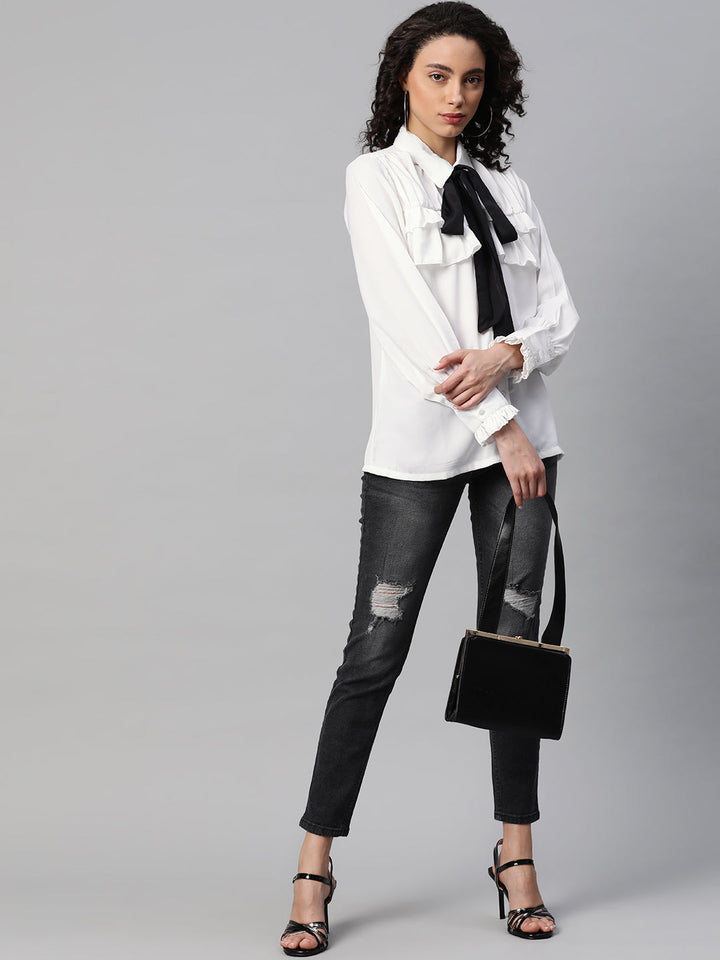 plusS Women White  Black Regular Fit Solid Casual Shirt