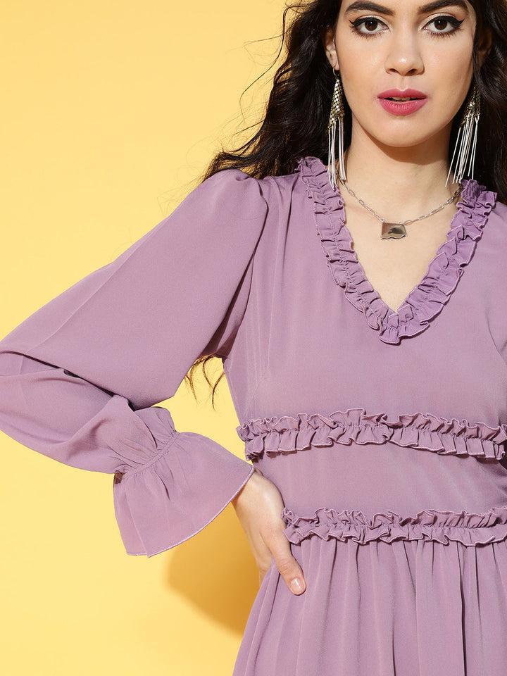 plusS Elegant Mauve Solid Ruffled Dress