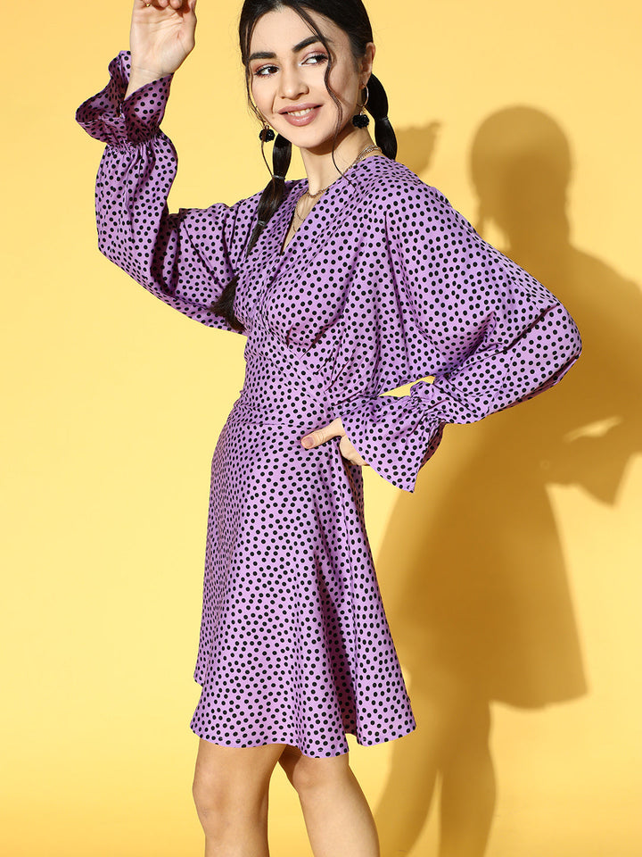 plusS Women Elegant Lavender Polka-Dotted Dress