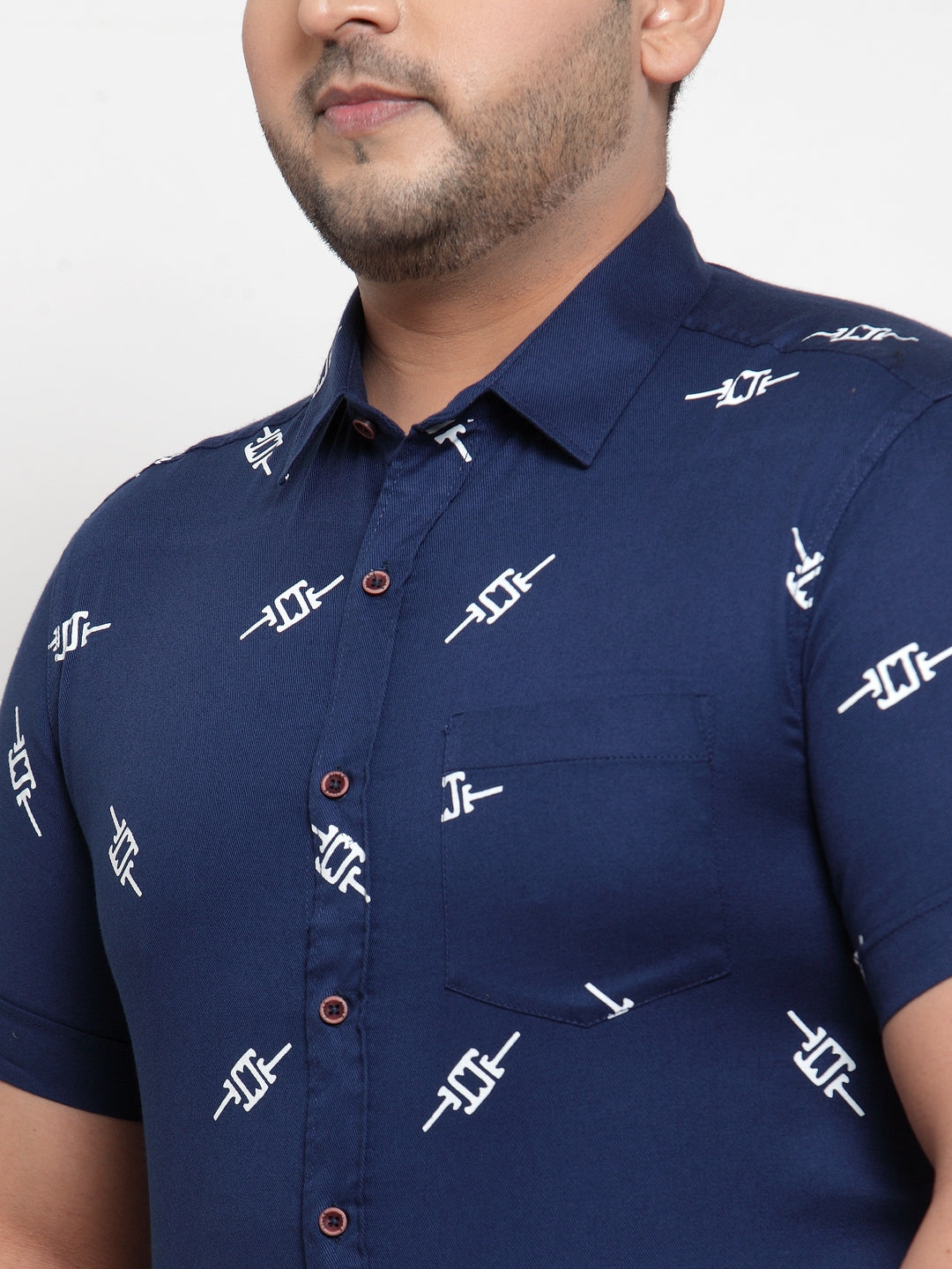 plusS Men Navy Blue Regular Fit Printed Casual Cotton Shirt