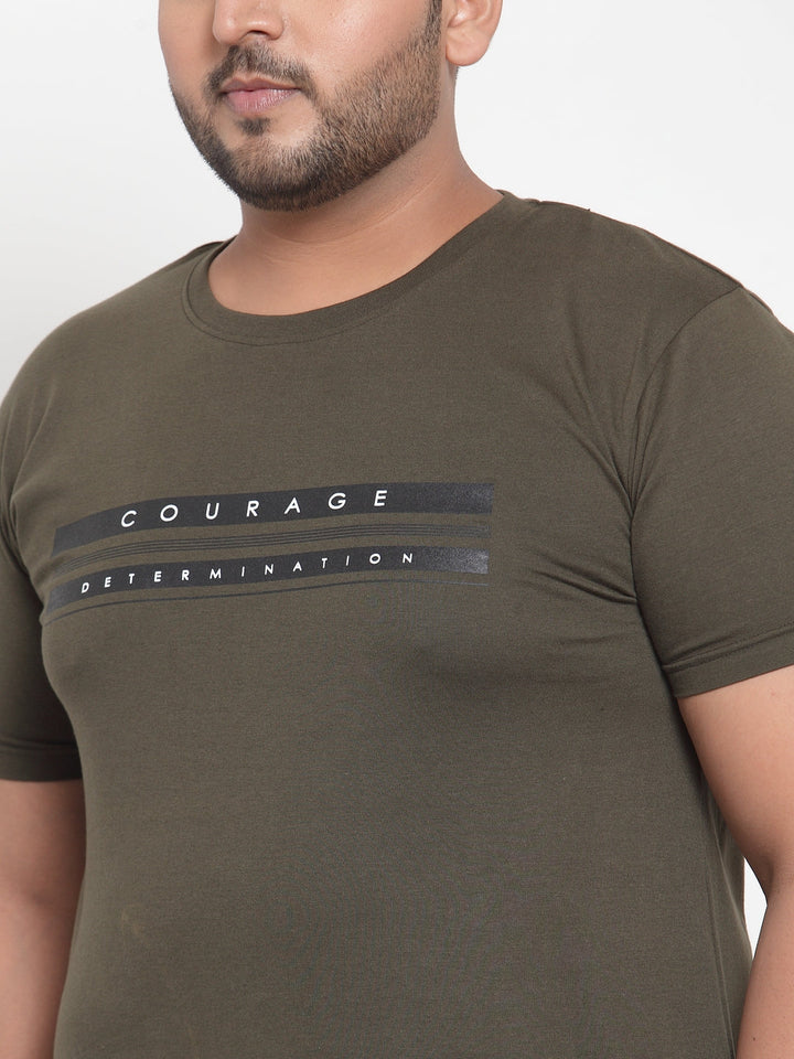 Men Olive Green Printed Round Neck Pure Cotton T-shirt