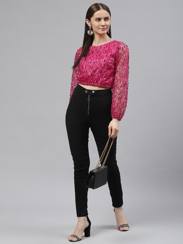 plusS Women Fuchsia Poly Georgette Sequinned Puff Sleeves Crop Top