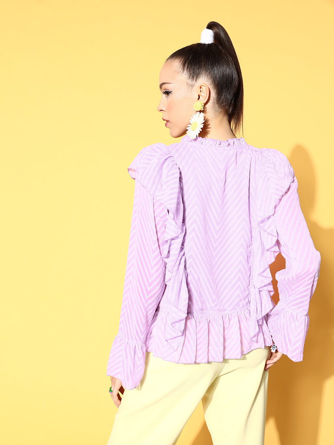 plusS Lavender Vertical Striped Feminine Frills Top