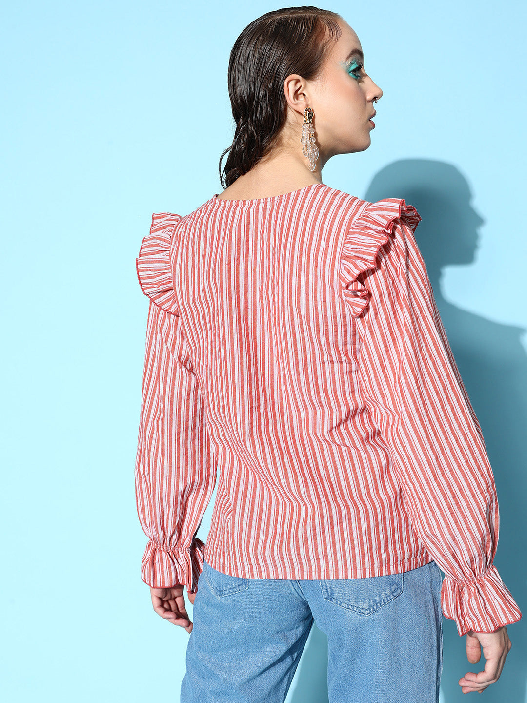 plusS Charming Red Vertical Striped Ruffled Top