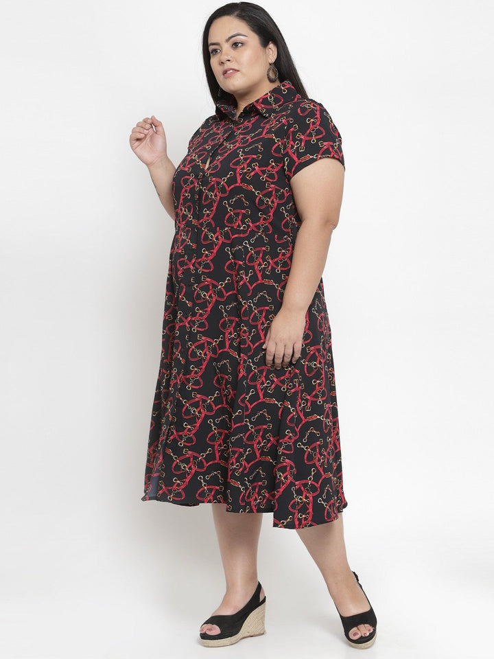 plusS Women Black and Red Belt Printed Shirt Dress