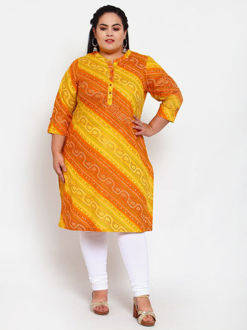 plusS Women Orange  Yellow Bandhani Printed Kurta