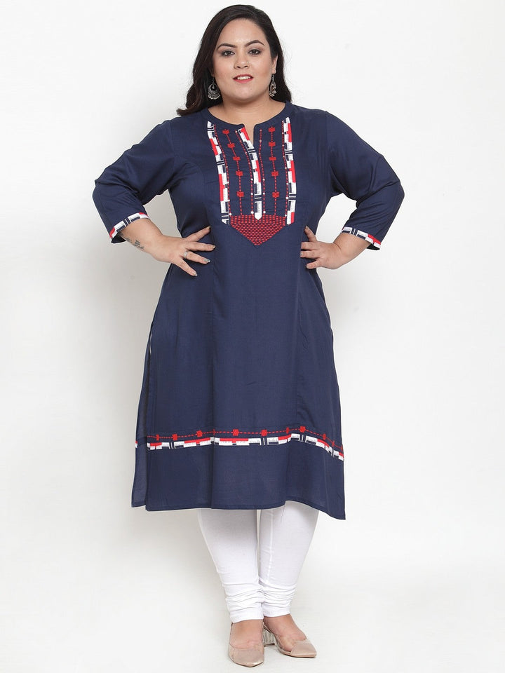 plusS Women Navy Blue  Red Yoke Design Straight Kurta