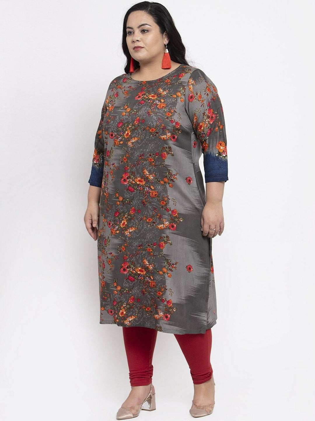 Orange Floral Printed Kurta