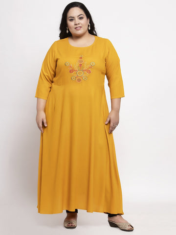 plusS Women Mustard Embroidered Anarkali Kurta