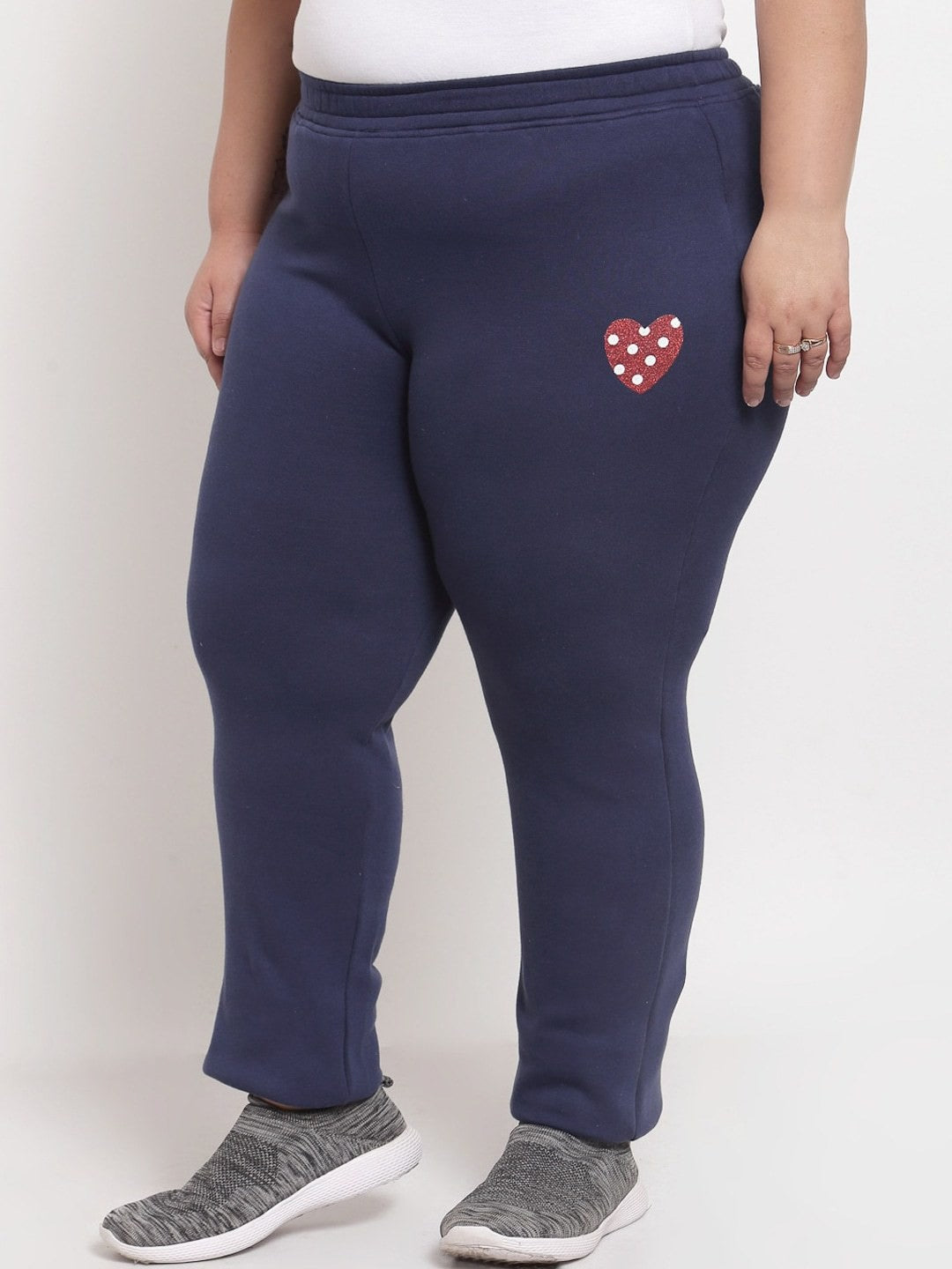 plusS Women Plus Size Navy Blue Solid Cotton Slim-Fit Track Pants