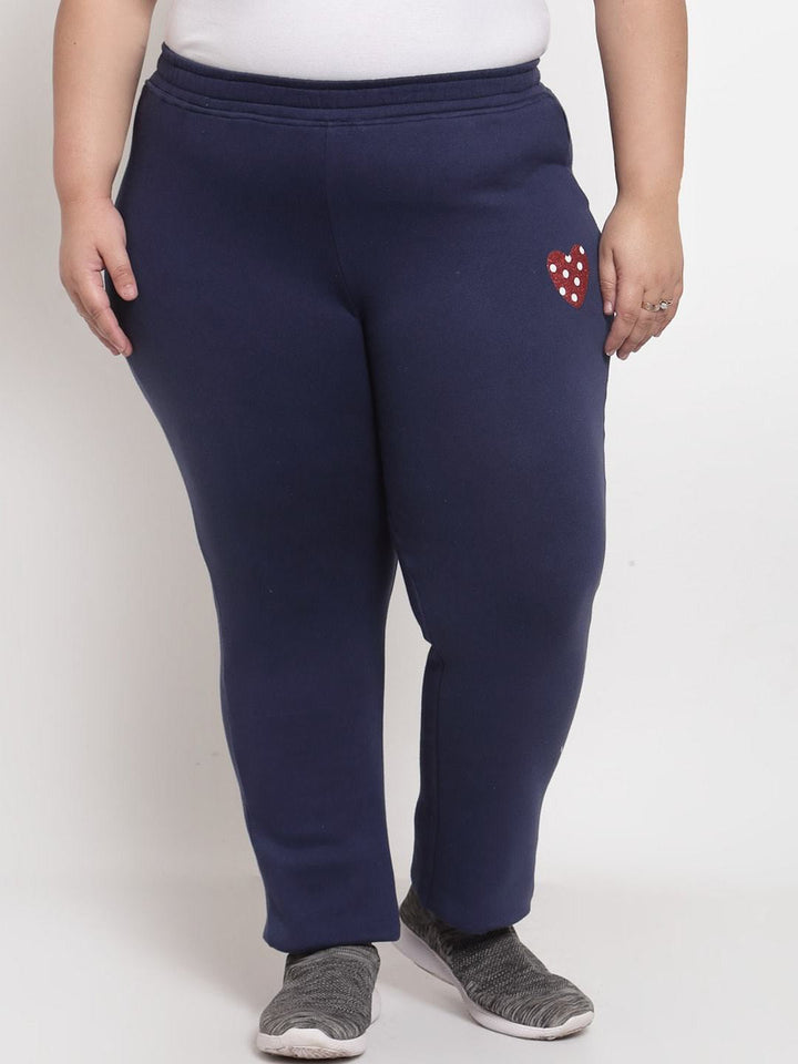 plusS Women Plus Size Navy Blue Solid Cotton Slim-Fit Track Pants