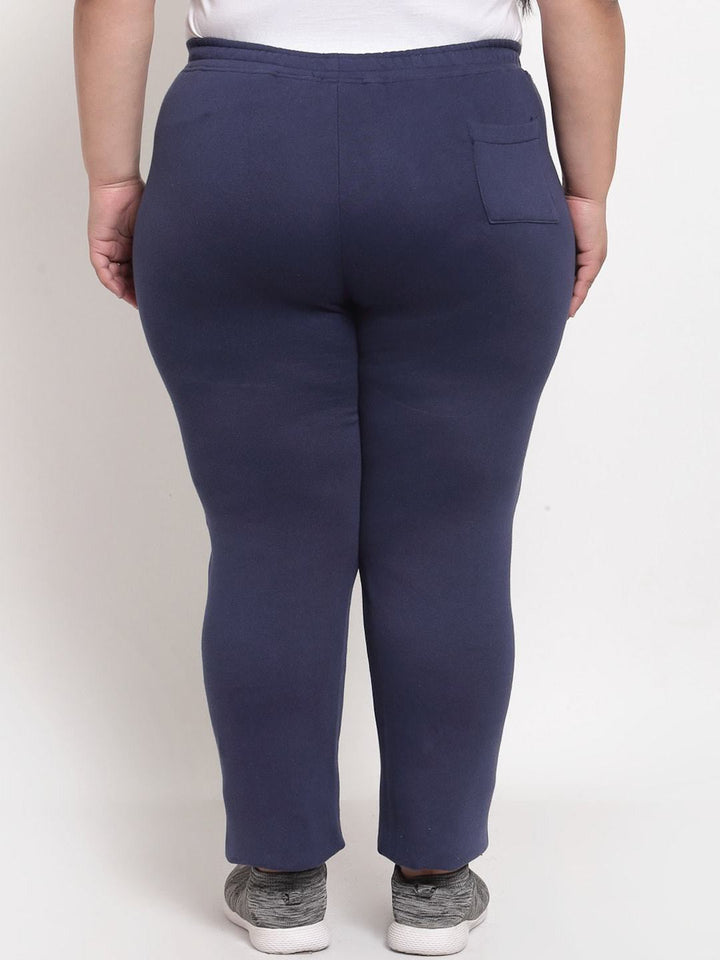 plusS Women Plus Size Navy Blue Solid Cotton Slim-Fit Track Pants