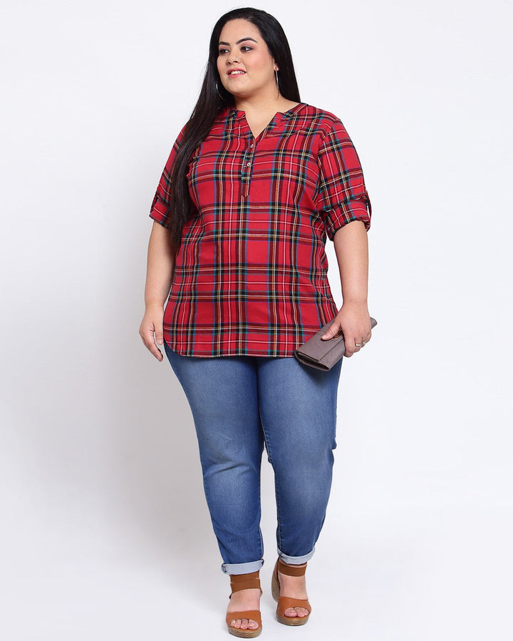 plusS Red  Blue Checked Shirt Style Top