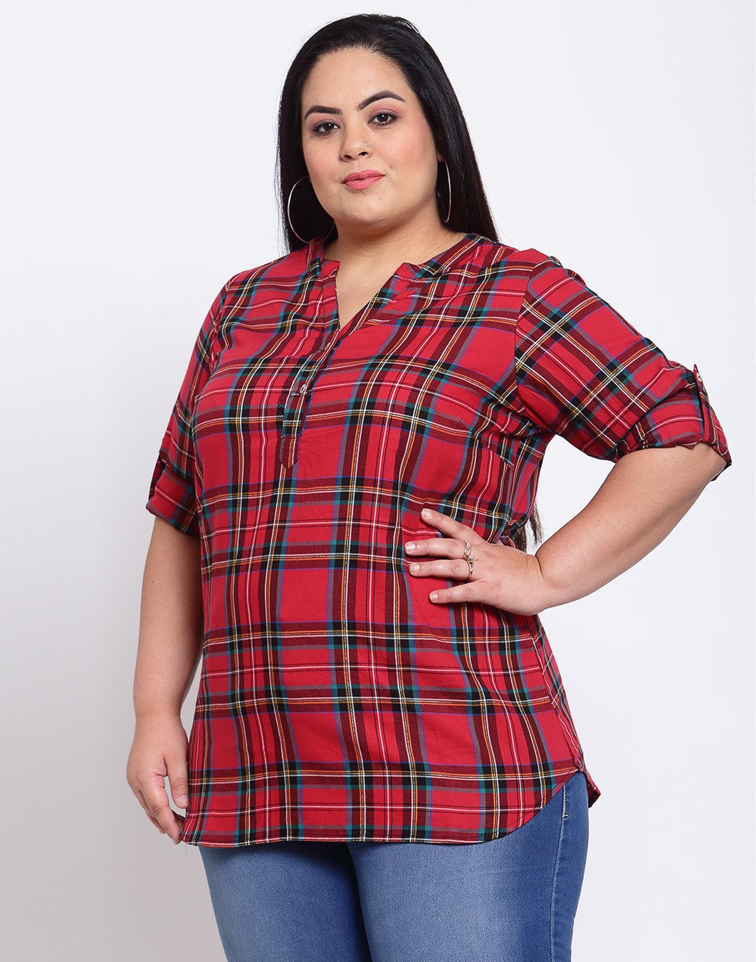 plusS Red  Blue Checked Shirt Style Top