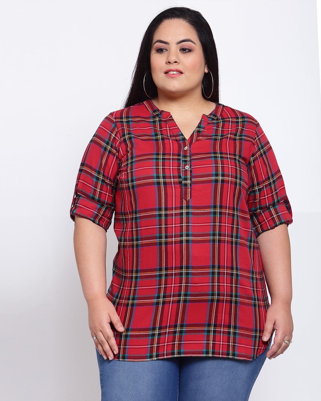 plusS Red  Blue Checked Shirt Style Top