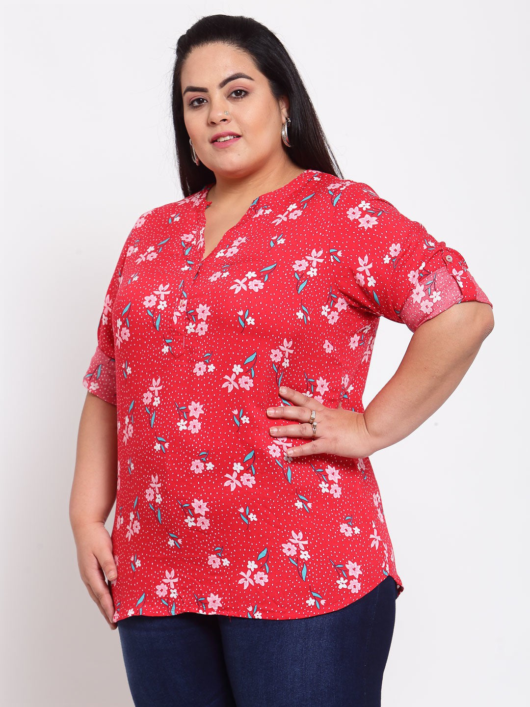 plusS Red Floral Shirt Style Top