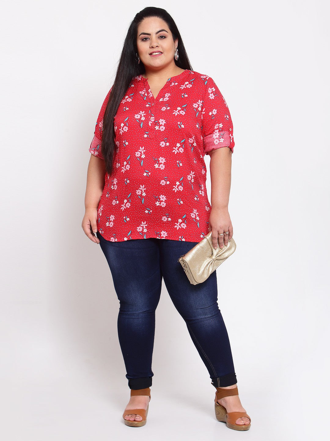 plusS Red Floral Shirt Style Top