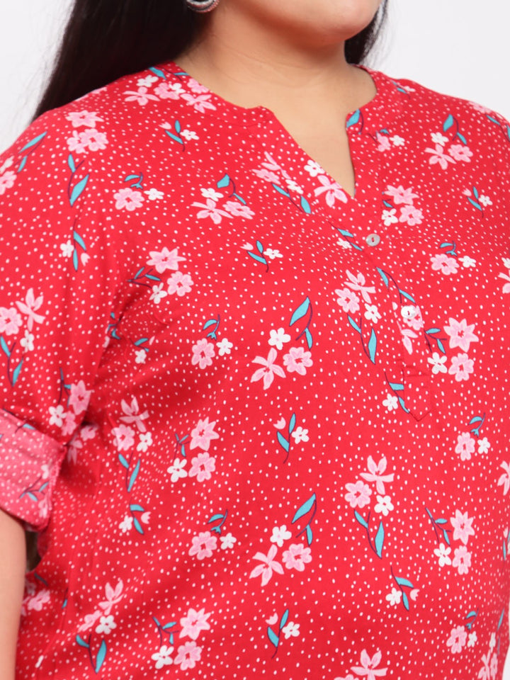 plusS Red Floral Shirt Style Top