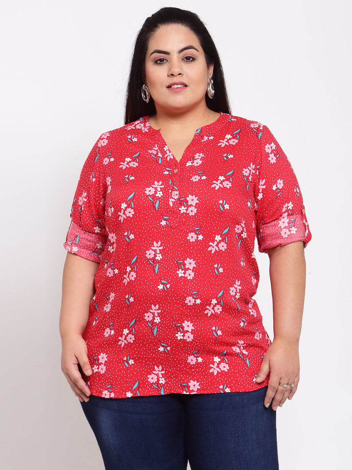 plusS Red Floral Shirt Style Top