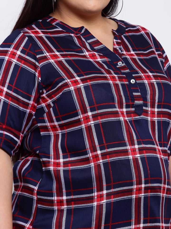 plusS Women Navy Blue Checked Shirt Style Top