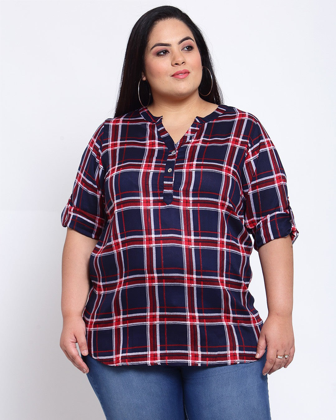 plusS Women Navy Blue Checked Shirt Style Top