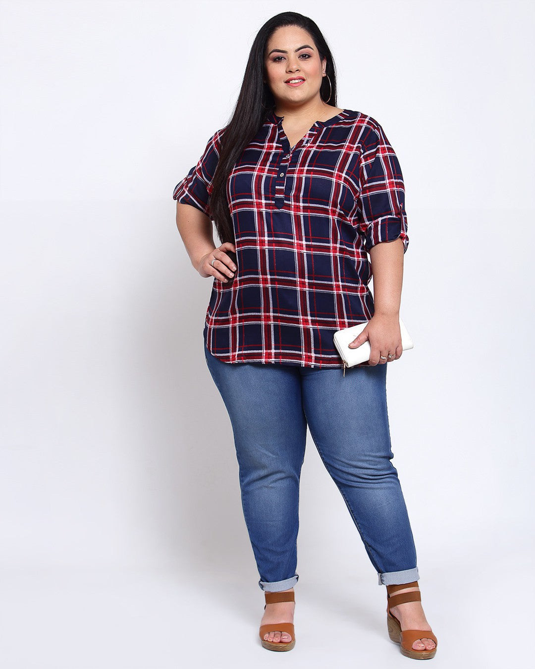 plusS Women Navy Blue Checked Shirt Style Top