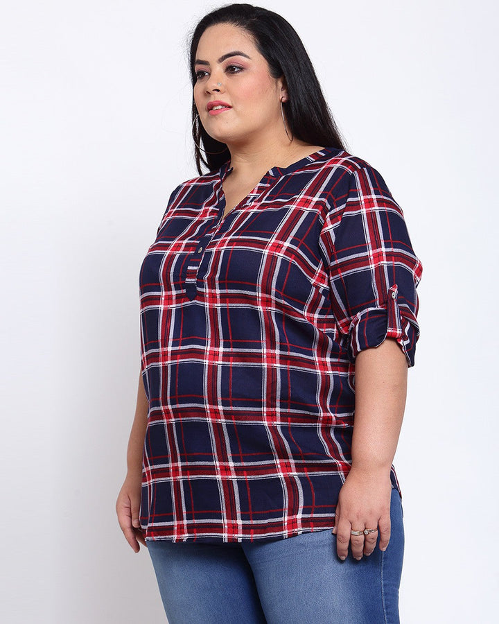 plusS Women Navy Blue Checked Shirt Style Top