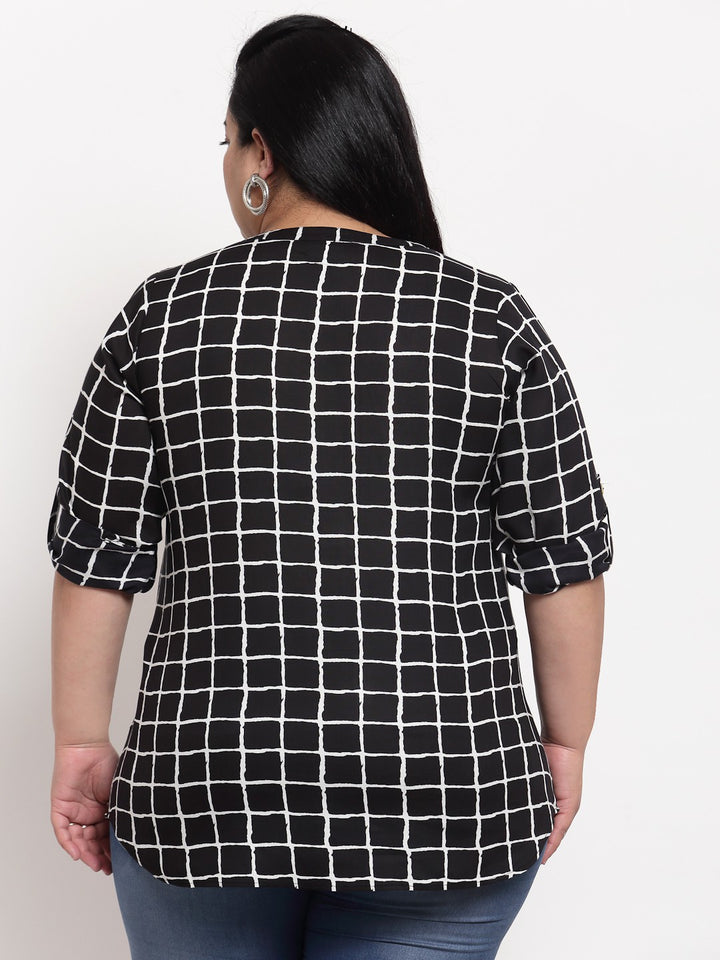 plusS Black Checked Roll-Up Sleeves Shirt Style Top