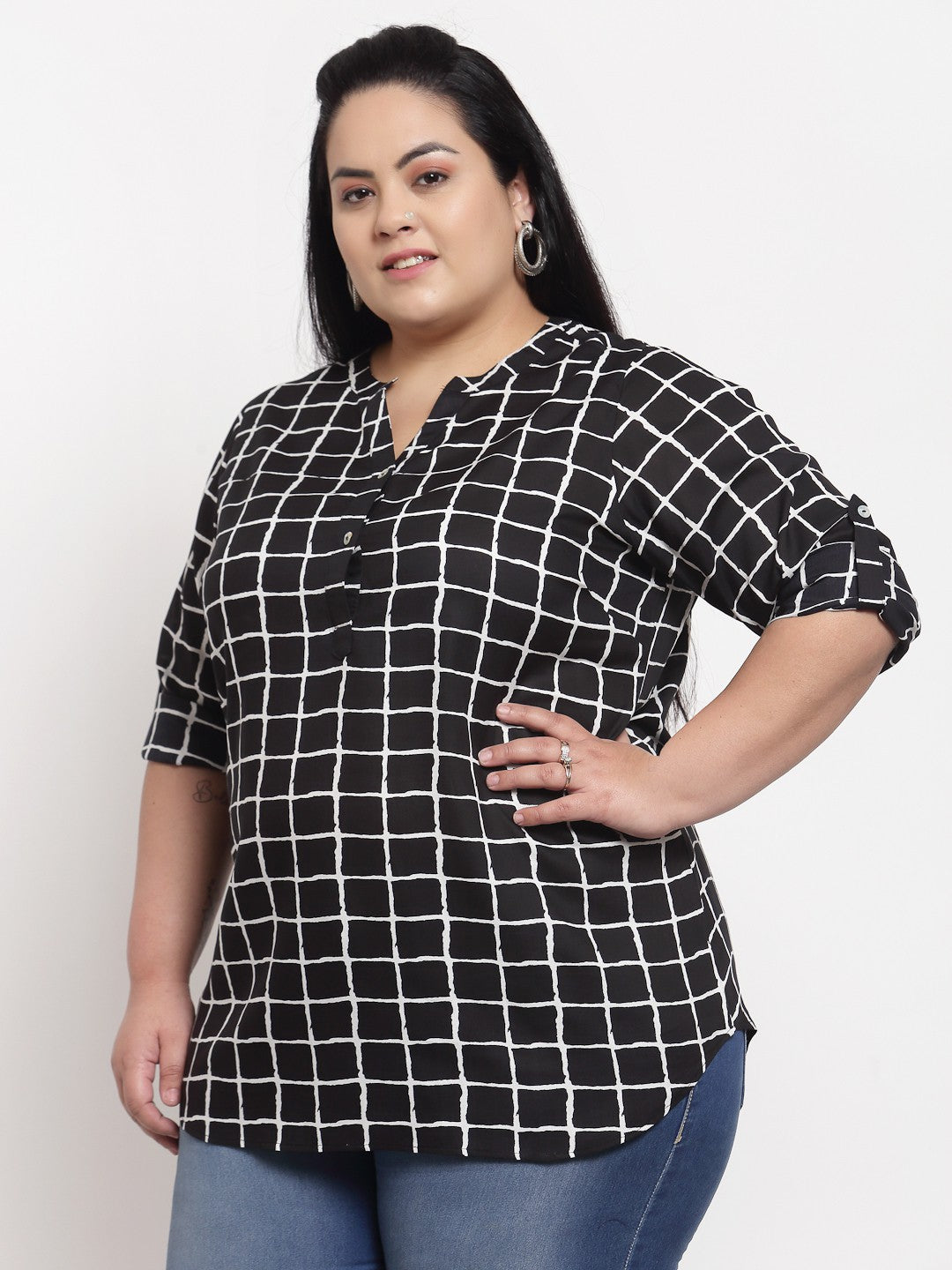 plusS Black Checked Roll-Up Sleeves Shirt Style Top