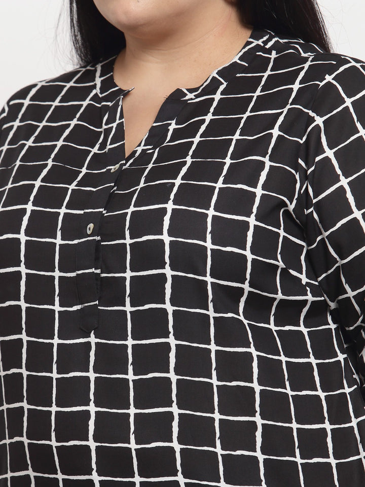 plusS Black Checked Roll-Up Sleeves Shirt Style Top