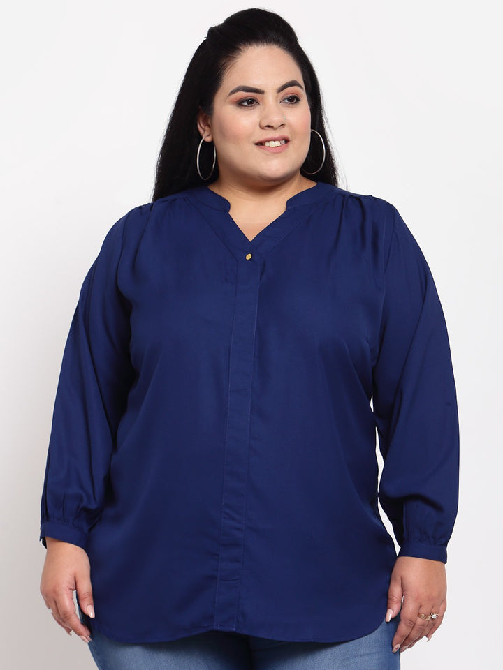 plusS Blue Mandarin Collar Shirt Style Top