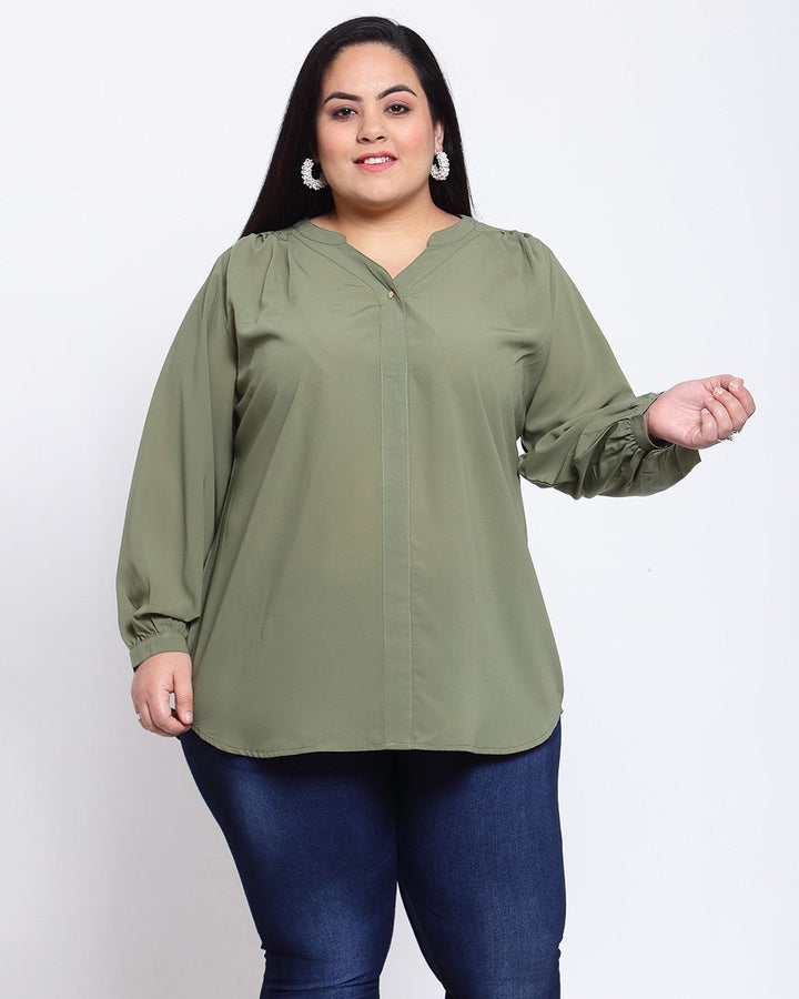 plusS Olive Green Mandarin Collar Regular Top