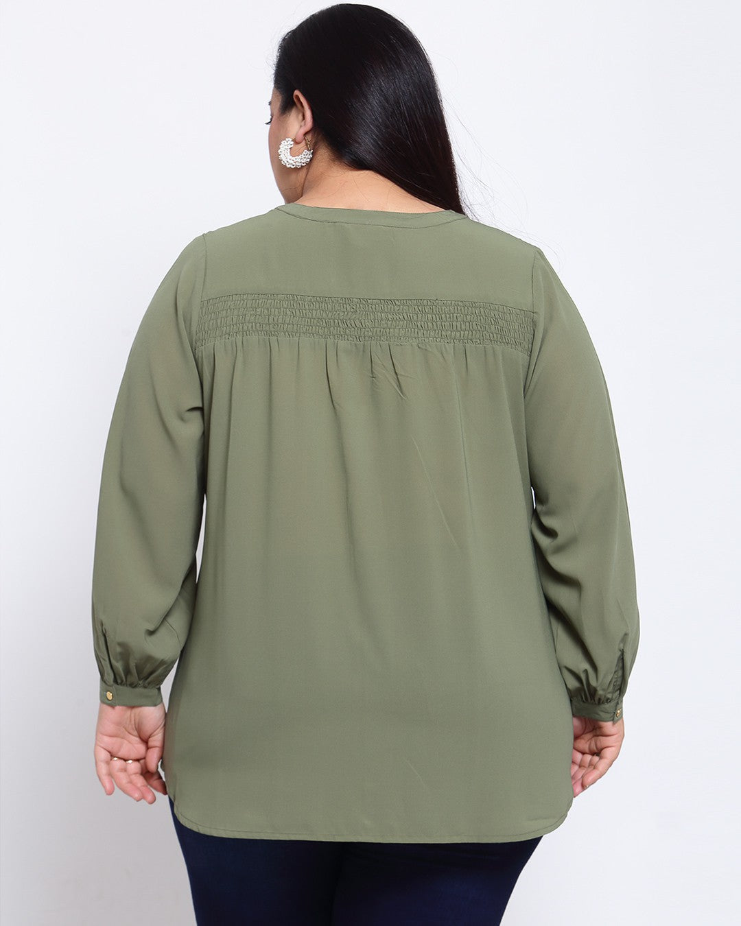 plusS Olive Green Mandarin Collar Regular Top