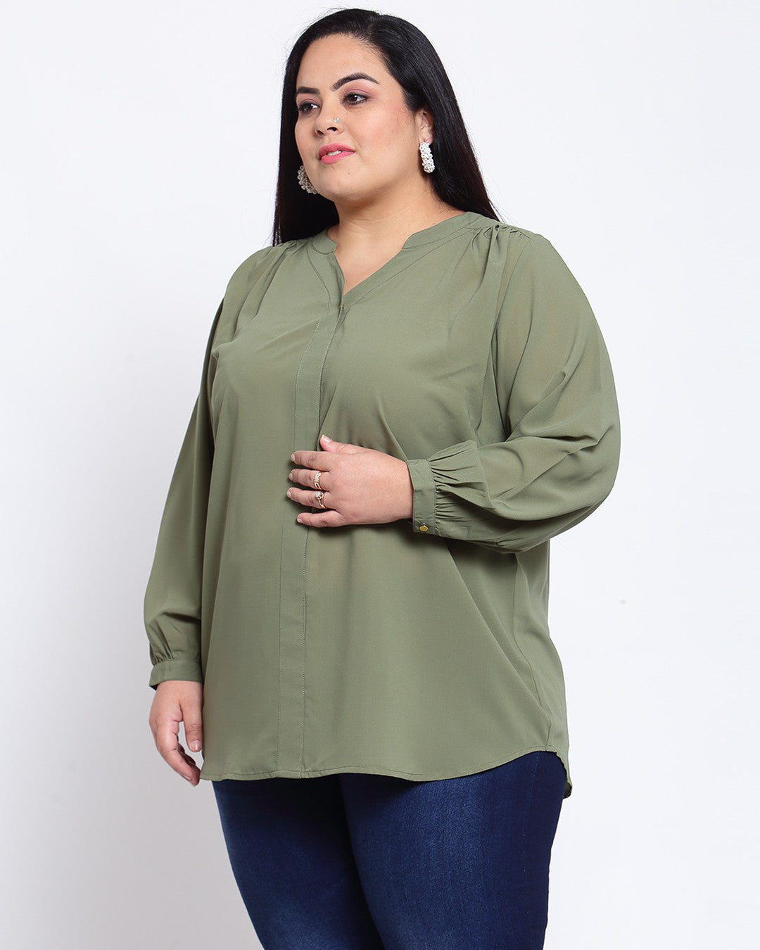 plusS Olive Green Mandarin Collar Regular Top