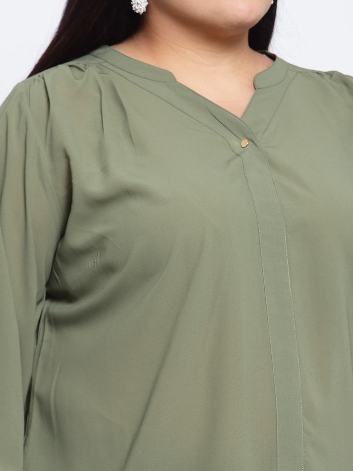 plusS Olive Green Mandarin Collar Regular Top