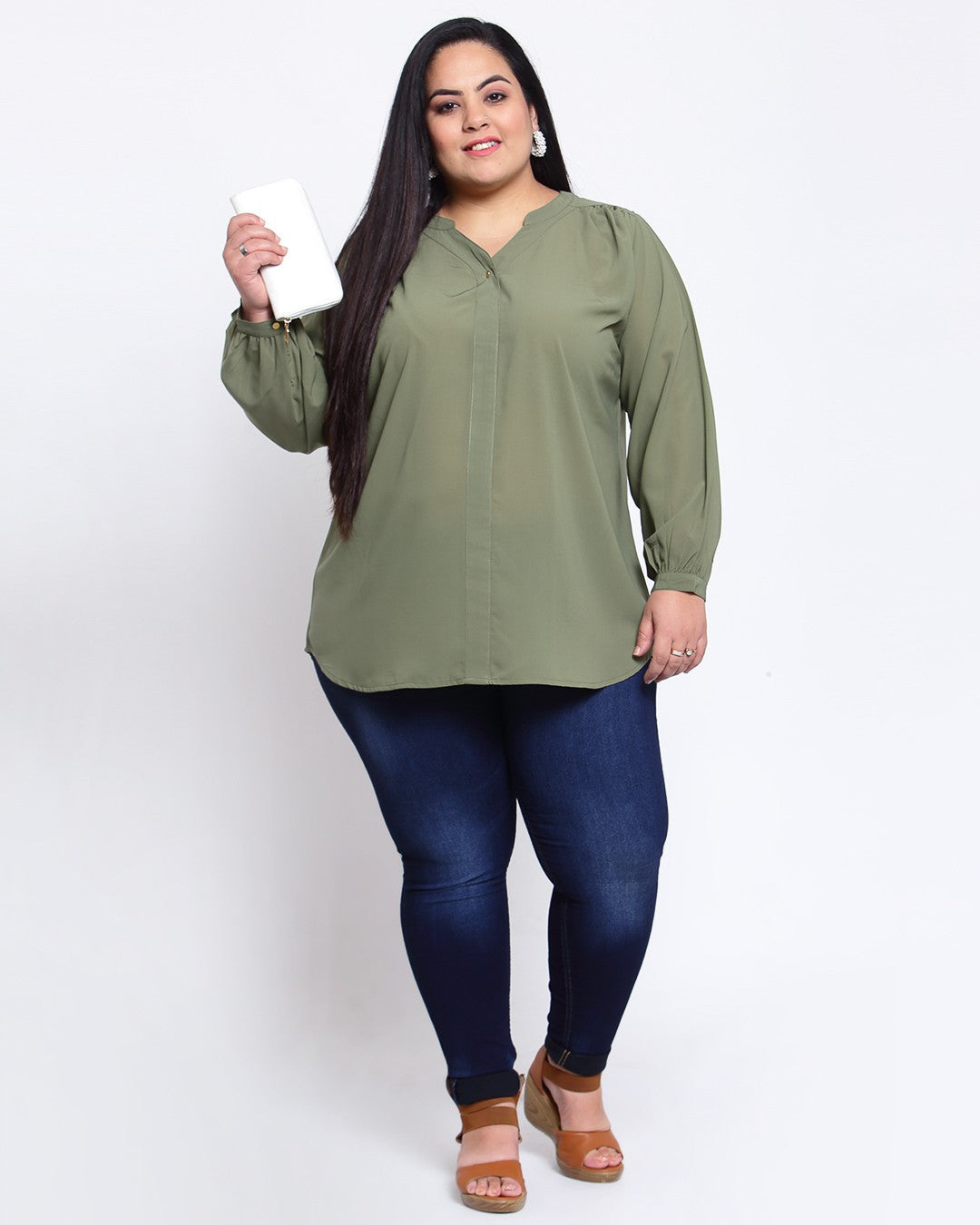 plusS Olive Green Mandarin Collar Regular Top