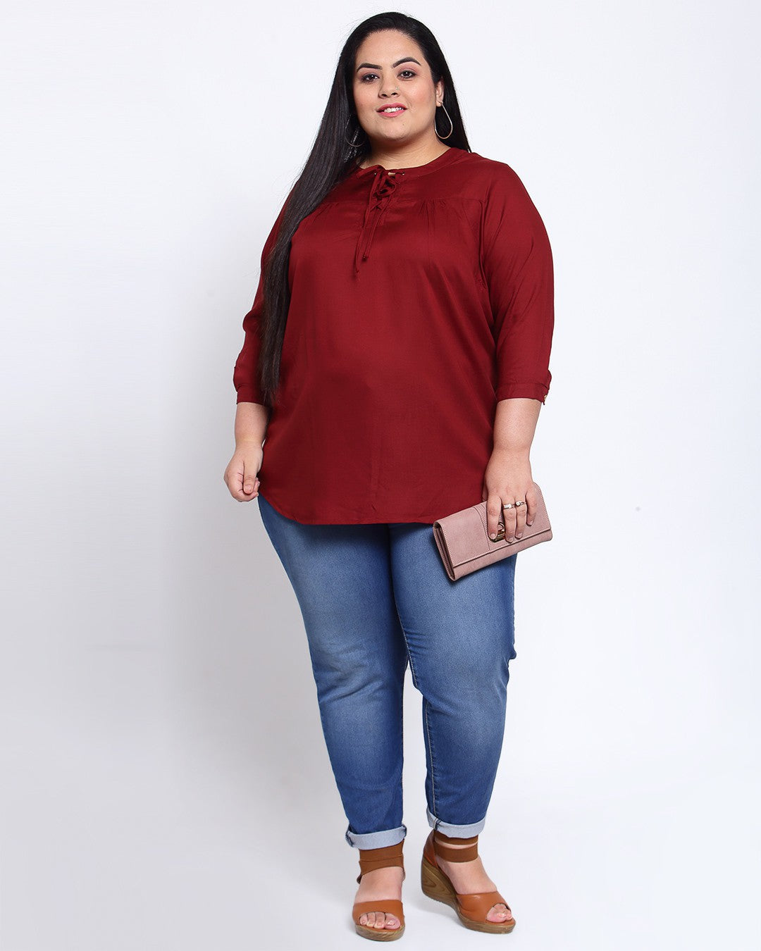 plusS Maroon Tie-Up Neck Regular Top