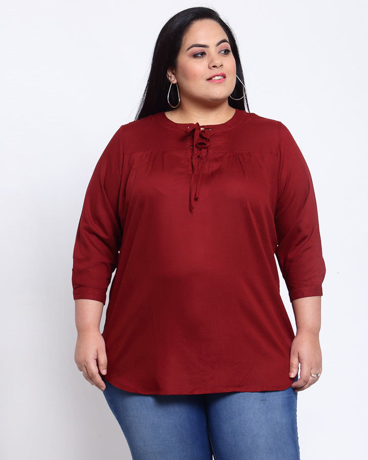 plusS Maroon Tie-Up Neck Regular Top