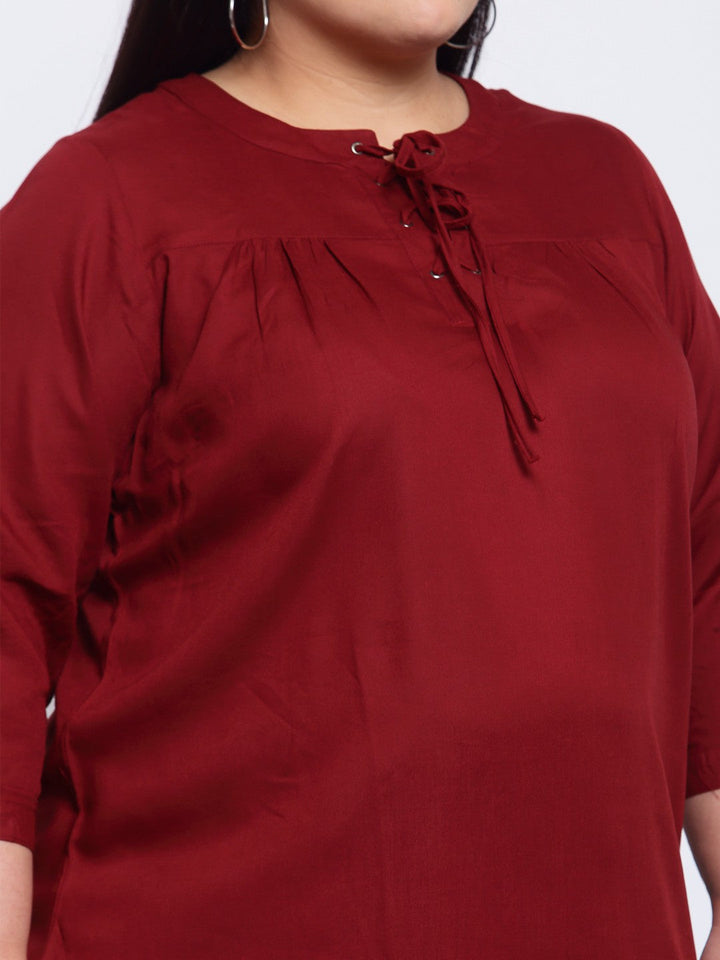 plusS Maroon Tie-Up Neck Regular Top